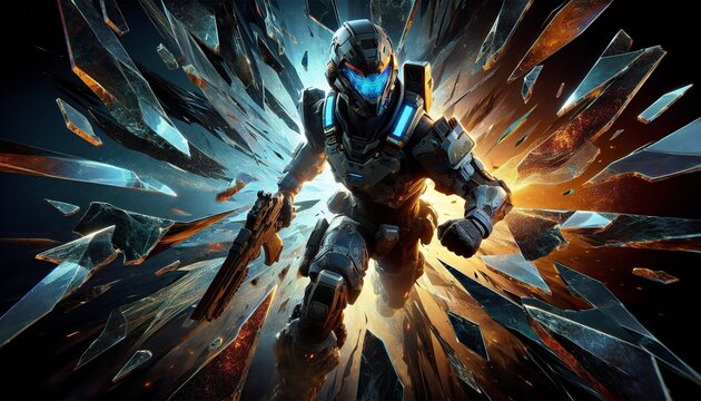 First-person shooter game character with glass background