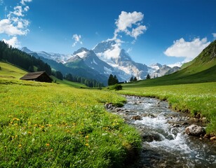 mountain stream in meadow and a stream flowing through the alpine landscape
