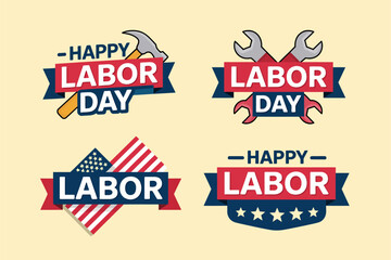 American Labor Day badge collection, star and gear emblem icons, patriotic celebration vector, worker holiday label, festive design