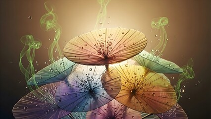 A beautiful and surreal image of a mechanical or glass flower with metallic petals, emitting wisps of green smoke or fragrance in a dream-like atmosphere.