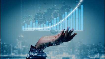 A creative representation of data analysis featuring a hand supporting a growth chart with digital elements, highlighting progress, innovation, and urban development. Copula