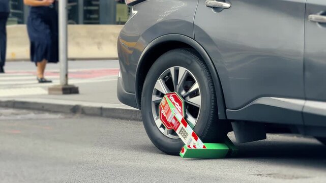 A close-up view of a car parked on a Manhattan street with a red and green immobilization boot locked onto the front wheel. 