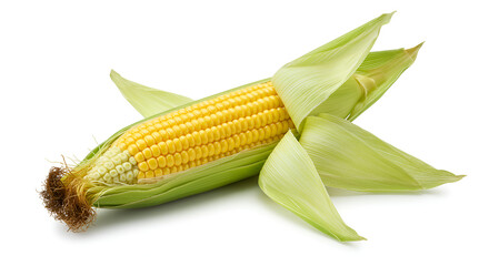 A fresh ear of corn with its green husks partially peeled back on an isolated transparent background.