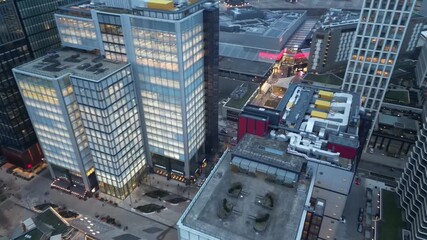 Aerial shot over Stratford, London at evening