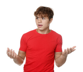 Teenage boy suffering from panic attack on white background