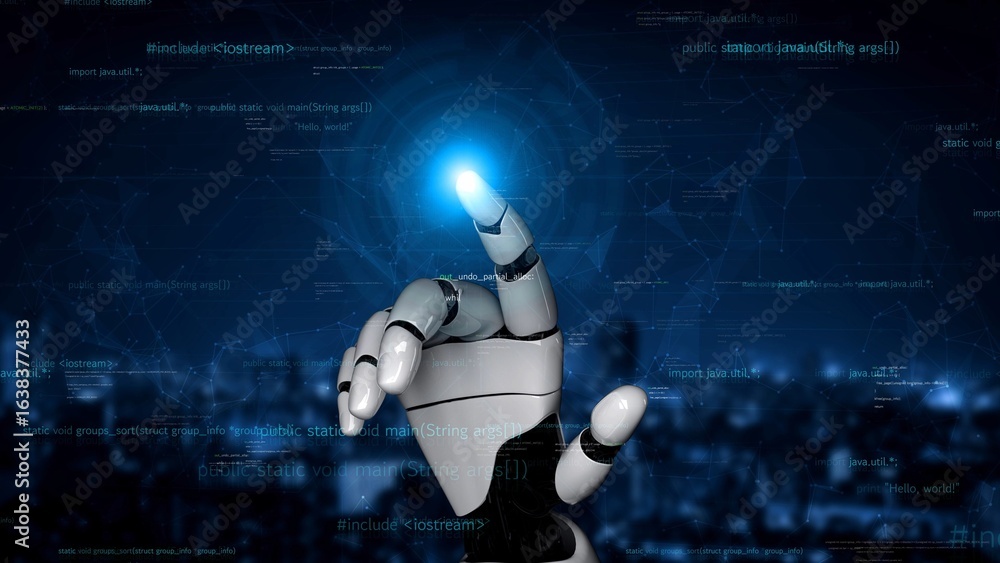 Aufkleber a robotic hand extends with a glowing blue light, representing advanced technology and the intersect