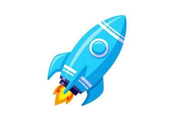 A light-blue cartoon rocket, angled to the upper right of the frame, is depicted against a plain white background