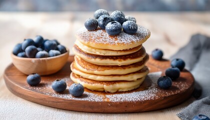 a delightful stack of mini pancakes adorned with fresh blueberries and a dusting of powdered sugar rests on a rustic wooden platter against a soft background