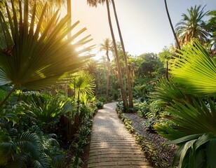 Obraz premium sun drenched path through a lush tropical garden