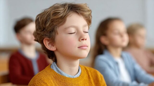 Inner Peace in the Classroom: A young boy practices mindful breathing with eyes closed in a bright classroom setting, symbolizing peace and concentration. 