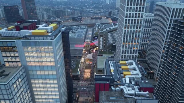Aerial shot over Stratford, London at evening