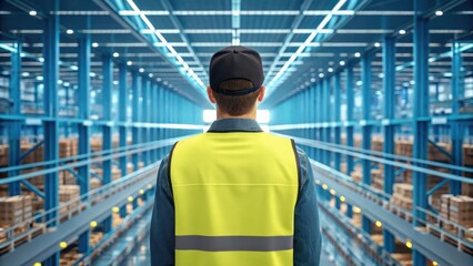 Worker in high visibility vest gazes down a futuristic warehouse aisle with digital overlay