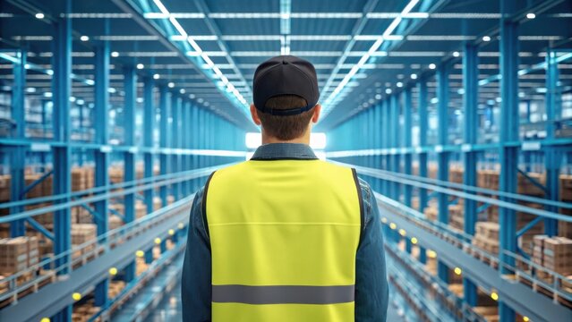 Worker in high visibility vest gazes down a futuristic warehouse aisle with digital overlay
