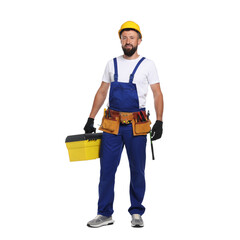 Professional repairman with tool box on white background