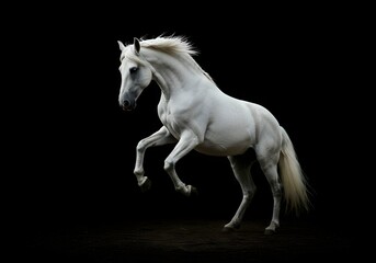 Majestic white horse rears up powerfully against stark black background. Mane, tail flow dynamically, suggesting speed, untamed energy, racing, show, portrait, subject, theme, elegant, beautiful
