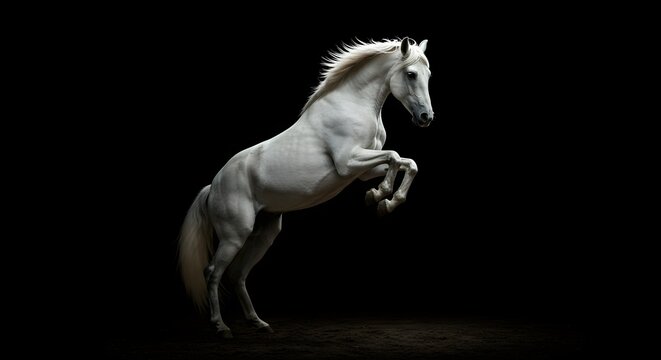 Majestic white horse rears up powerfully against stark black background. Mane, tail flow dynamically, suggesting speed, untamed energy, racing, show, portrait, subject, theme, elegant, beautiful