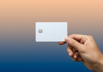 Hand Holding a Blank White Credit Card with Chip on a Neon Gradient Background