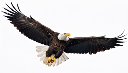 majestic bald eagle in flight wings spread wide against a white background