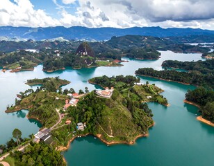 Lush landscape of islands in a turquoise lake, surrounded by mountains