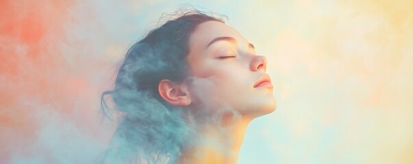 Fototapeta premium A woman with eyes closed is surrounded by colorful mist