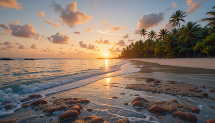 Tranquil Tropical Beach at Sunrise with Gentle Waves, Vibrant Coral, and Swaying Palm Trees – Ultra-Detailed 8K Coastal Photography