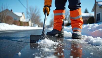 Worker in bright orange pants, boots clears snow, ice from street using shovel. Ground wet, icy, with patches of slush. Sunlight illuminates winter scene, showing residential area with houses, trees
