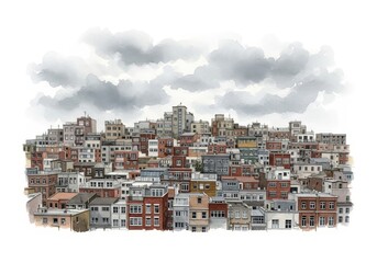 Fototapeta premium Cityscape Under a Cloudy Sky - A dense collection of urban dwellings nestled under a brooding sky, symbolizing community, density, resilience, weather, and urban planning