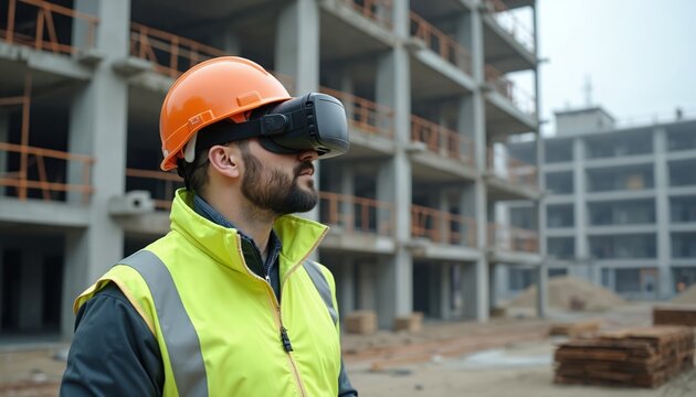 Construction worker uses VR headset on building site. Engineer experiences virtual reality for planning, design, progress. Modern technology advances industry, improving construction project - Powered by Adobe