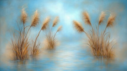 Serene Waterscape: A tranquil marsh scene featuring pampas grass reflecting on water