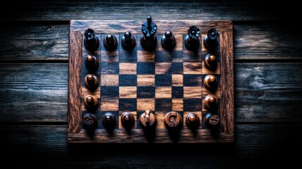 Dramatic Chessboard Setup on Dark Wood Background with Strategic Game Pieces