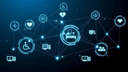 Digital healthcare network Hospital bed, patient data, connected devices, and accessibility icons - Powered by Adobe