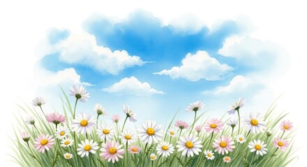 Fototapeta premium Daisies and Blue Sky Meadow - Serene watercolor painting of daisies in a field under a bright blue sky with fluffy white clouds. Symbolizes peace, purity, nature, hope, and new beginnings