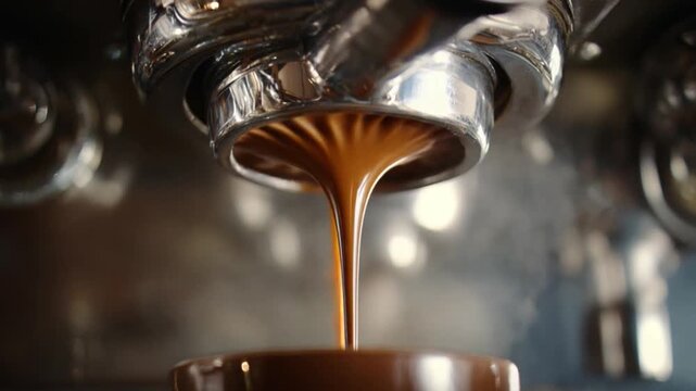 Coffee Brewing Moment: Capturing a close-up view of the coffee machine, fresh hot liquid ebbs into the waiting cup, embodying the morning ritual for energy and focus