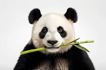 Fototapeta premium Giant Panda Chewing Bamboo Studio Shot White Background