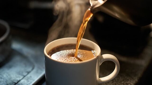 Steaming Coffee Pour: The artful flow of freshly brewed coffee, rich in aroma, cascading from a dark-toned carafe into a pristine white ceramic mug.