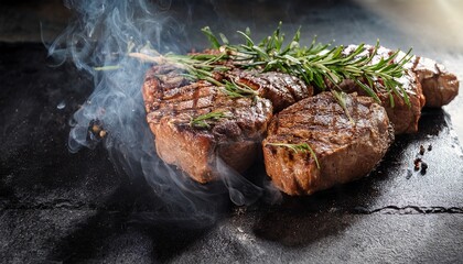 traditional cuisine meat grill outdoors with smoke and rosemary on stone surface bar b q meat grill food smoke grilling