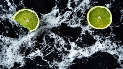 Lime Slices on a Bubbling Black Marble Surface for a Refreshing Visual Experience