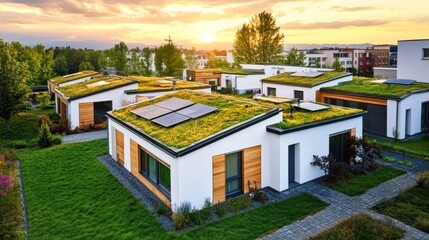 Sustainable living community showcasing green roofs and solar panels at sunset