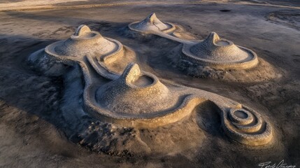Eerie desert landscape featuring unusual and mysterious man made stone structures