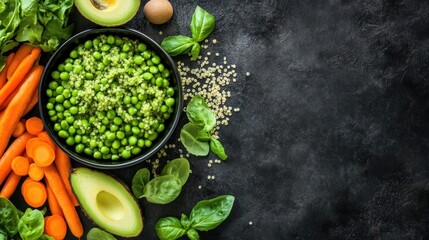 Vibrant and Healthy Vegan Bowl with Fresh Vegetables on Dark Background
