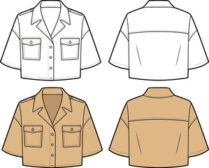Naklejka premium Stylish women's cropped button-down shirt with chest pockets, casual fashion apparel technical sketch, vector flat drawing in two colorways
