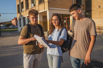 Students reviewing notes outside high school building