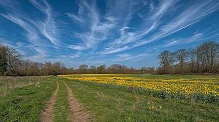Scenic Daffodil Field Under a Dramatic Sky: A Spring Landscape View Along the Path