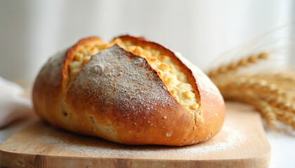 Golden brown crusty loaf of bread, dusted with flour, on a wooden board. Beside it, blurred wheat stalks add a rustic touch. Baked with yeast and flour, it a delicious, healthy ingredient for meals.