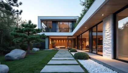 Modern minimalist house with contemporary architecture. Features clean lines, geometric form, natural elements. Stone pathway leads through green plants, manicured lawn towards sleek residential