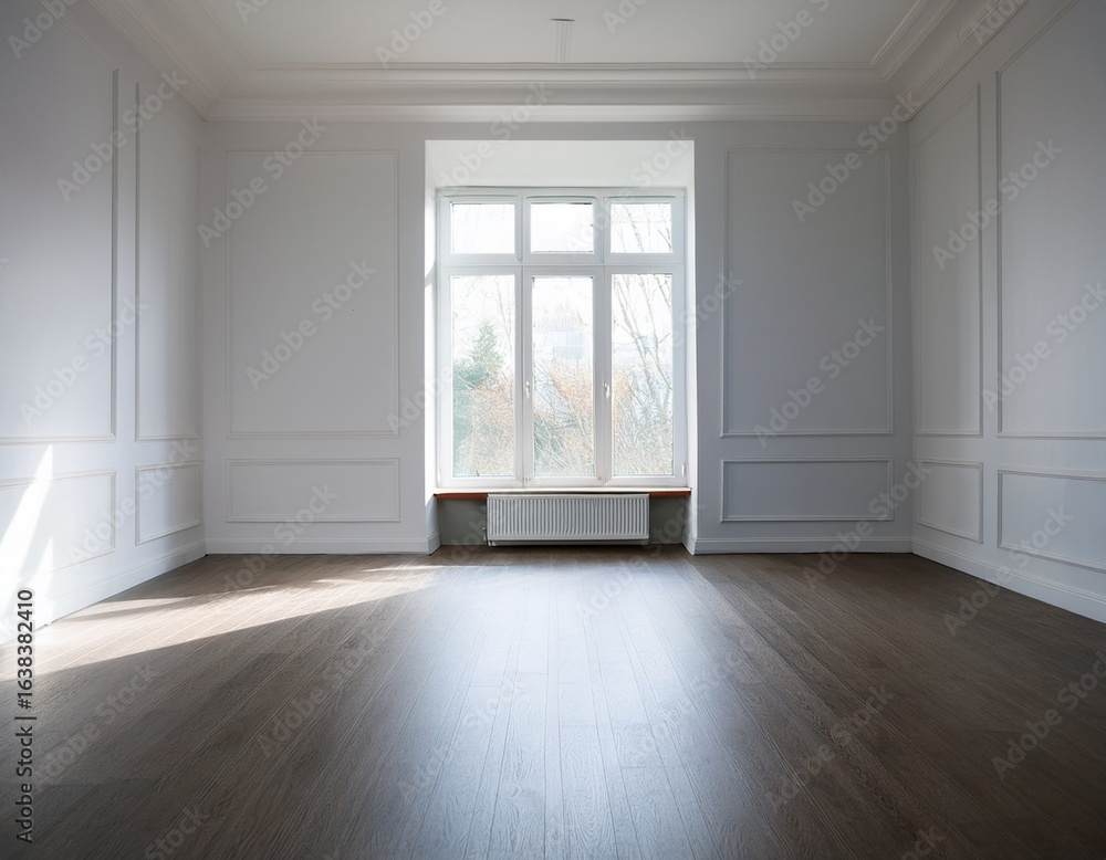 Poster a large empty room with a window and a white wall the room is very clean and empty with no furniture