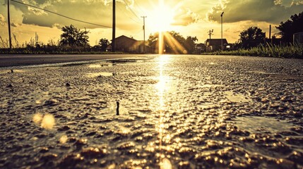 Golden Hour on a Wet Asphalt Road After Rain Showcasing Reflections and Textures