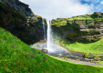 Scenic view of Kvernufoss waterfall with rainbow forming surrounded by green grass, moss and wildflower during summer in South of Iceland