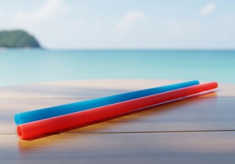 Reusable straws on tropical beach table. Red & blue eco-friendly alternative for summer drinks. Sustainable living, vacation, blurred ocean & island background.