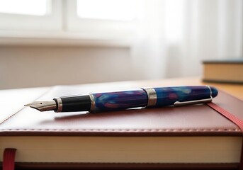 Fototapeta premium Luxury fountain pen on leather notebook. Elegant blue & purple swirled pen, perfect for creative writing, journaling, and professional work, bathed in soft natural light.